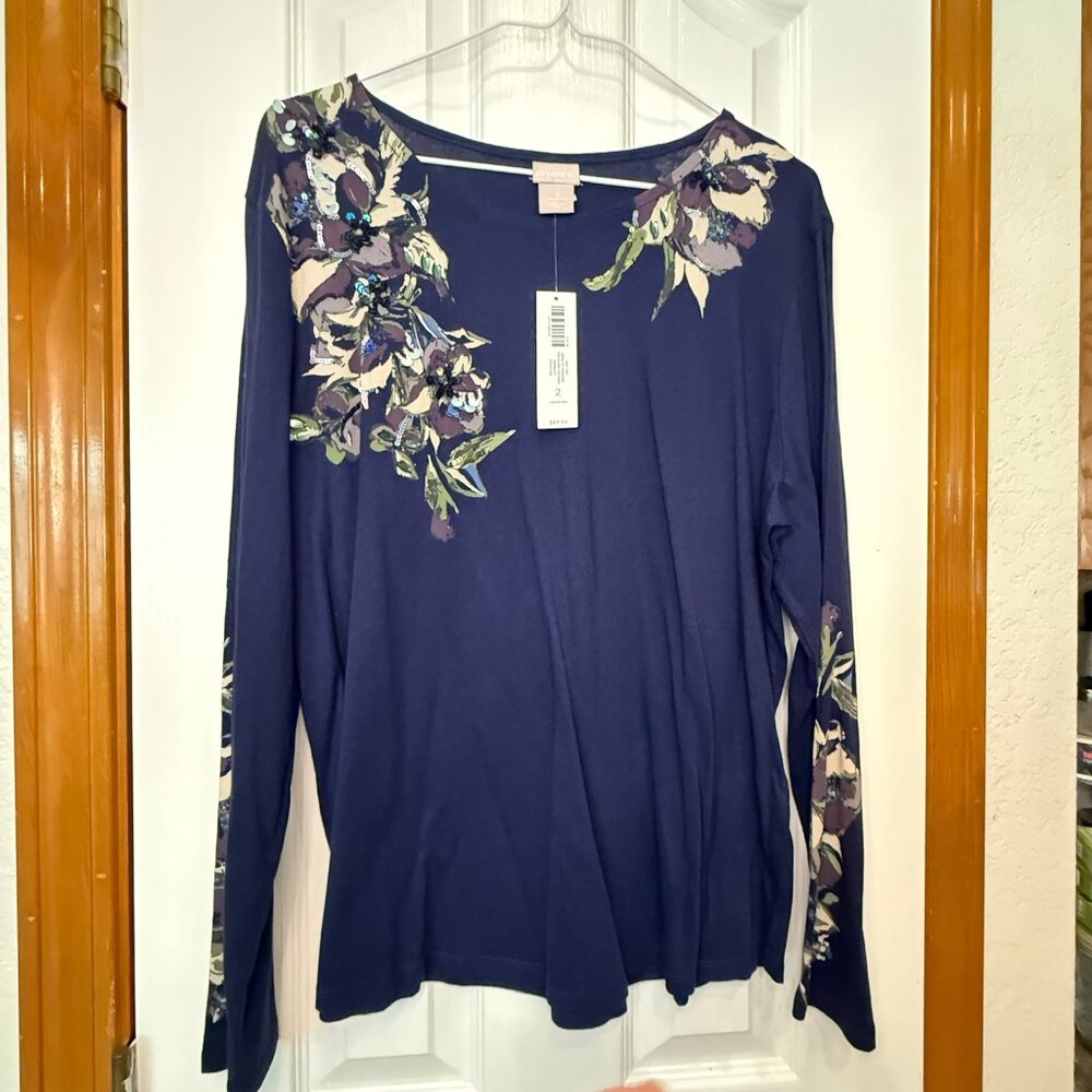 Chico's Birds of Paradise Top, Size L (Chico's 2), Midnight (navy) - NWT!!